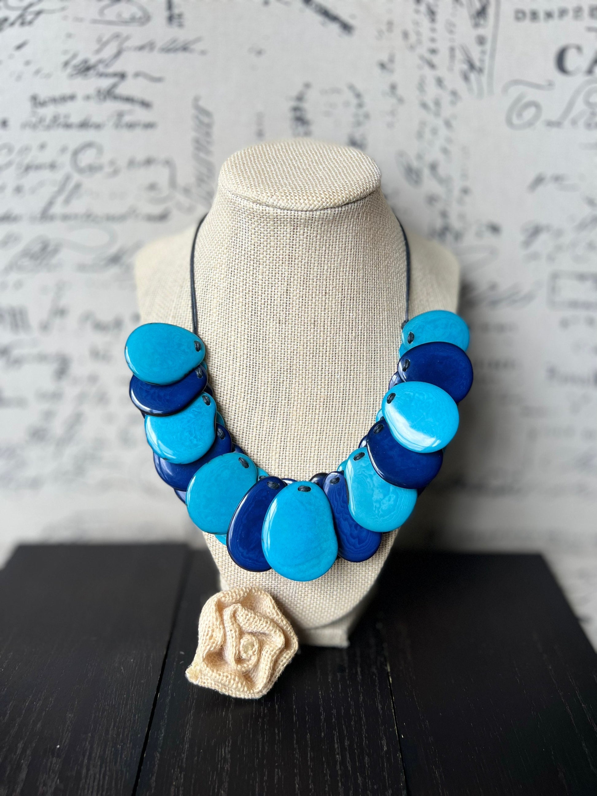 Turquoise blue necklace Fall fashion Tagua jewelry Handmade beaded necklace Adjustable cord Wearable art Boho style jewelry Art to wear