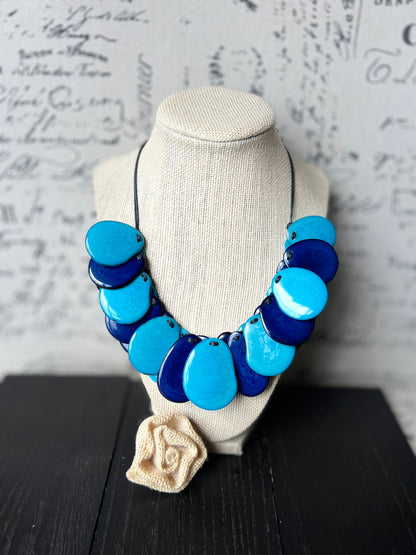 Turquoise blue necklace Fall fashion Tagua jewelry Handmade beaded necklace Adjustable cord Wearable art Boho style jewelry Art to wear