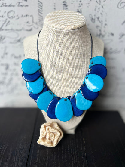 Turquoise blue necklace Fall fashion Tagua jewelry Handmade beaded necklace Adjustable cord Wearable art Boho style jewelry Art to wear