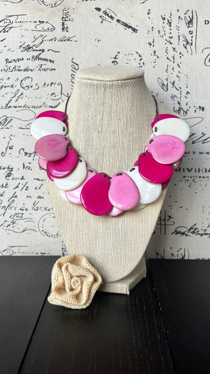 Pink and white statement necklace Adjustable cord Tagua jewelry Fall fashion 2025s Statement jewelry Boho handmade Fall fashion trends