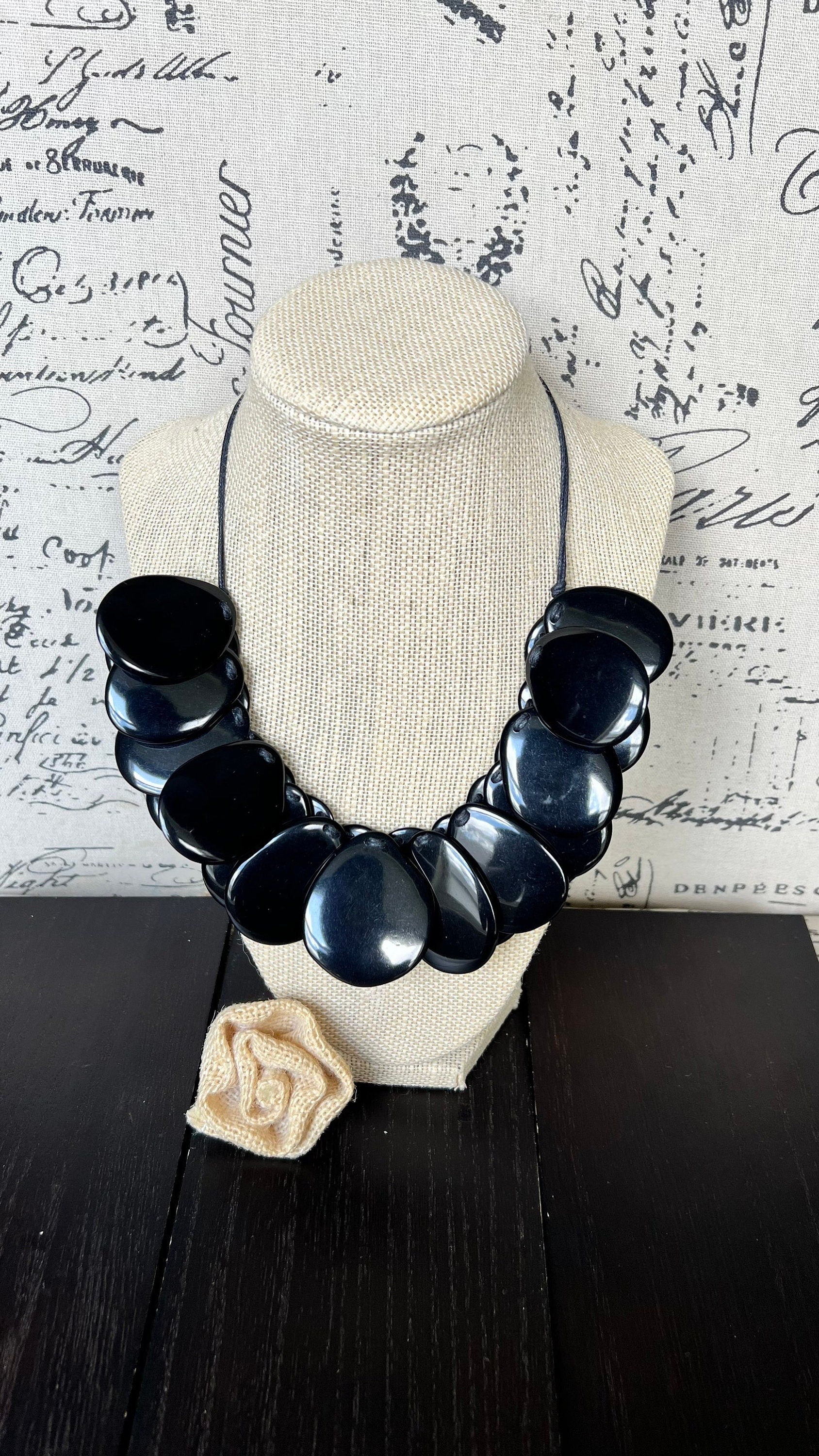 Black statement necklaceAdjustable cord Tagua necklace Mothers day gifts Wearable art Big bold necklace Art to wear Handmade beaded necklace