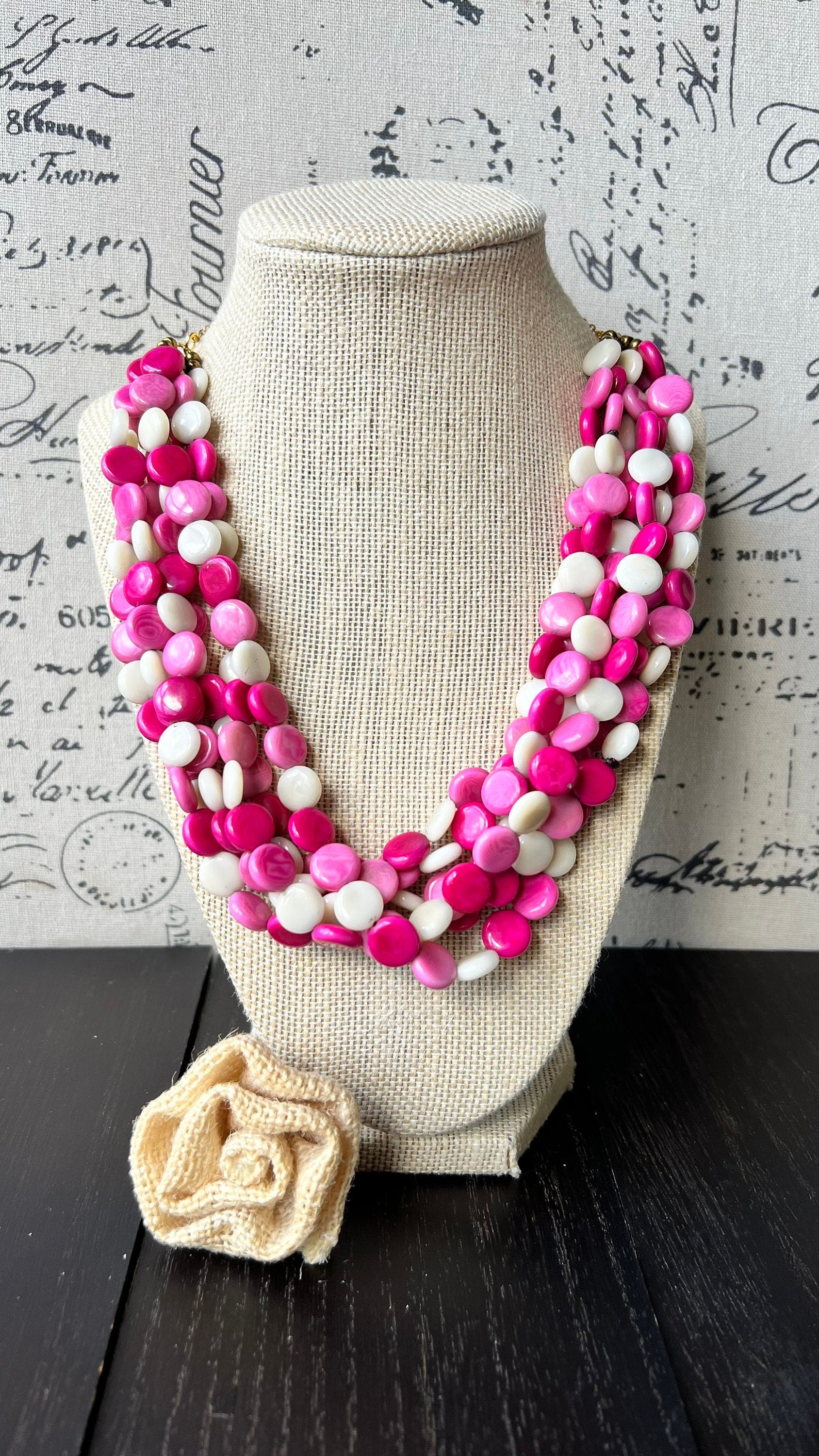Pink and white statement necklace Tagua jewelry Fall fashion Adjustable chain Artsy gifts Handmade beaded necklace Wearable art