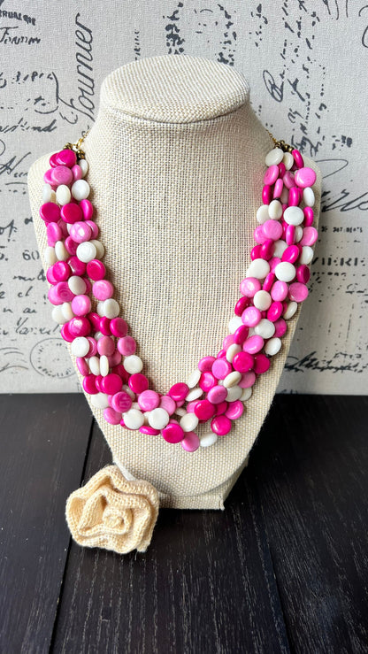 Pink and white statement necklace Tagua jewelry Fall fashion Adjustable chain Artsy gifts Handmade beaded necklace Wearable art