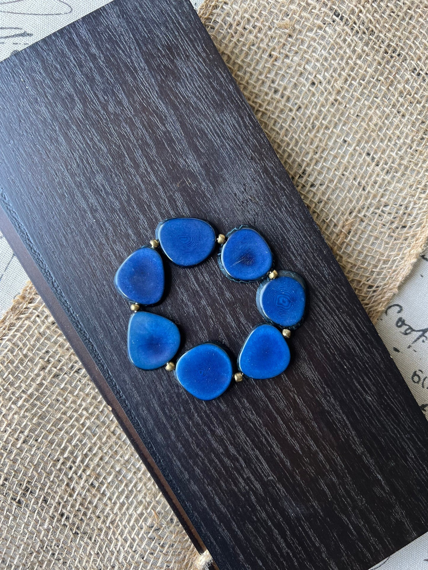 Blue fashion bracelet Tagua jewelry Summer fashion trends Beaded stretch bracelets for women Statement bangle Geometric beads Wearable art