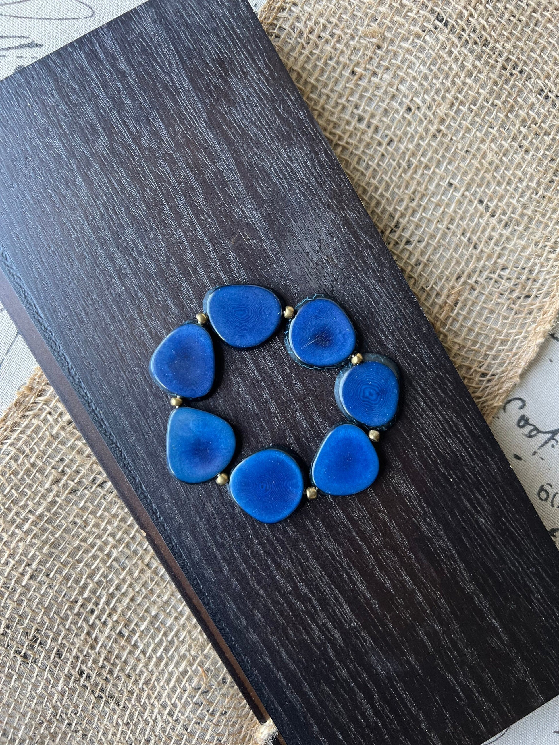 Blue fashion bracelet Tagua jewelry Summer fashion trends Beaded stretch bracelets for women Statement bangle Geometric beads Wearable art