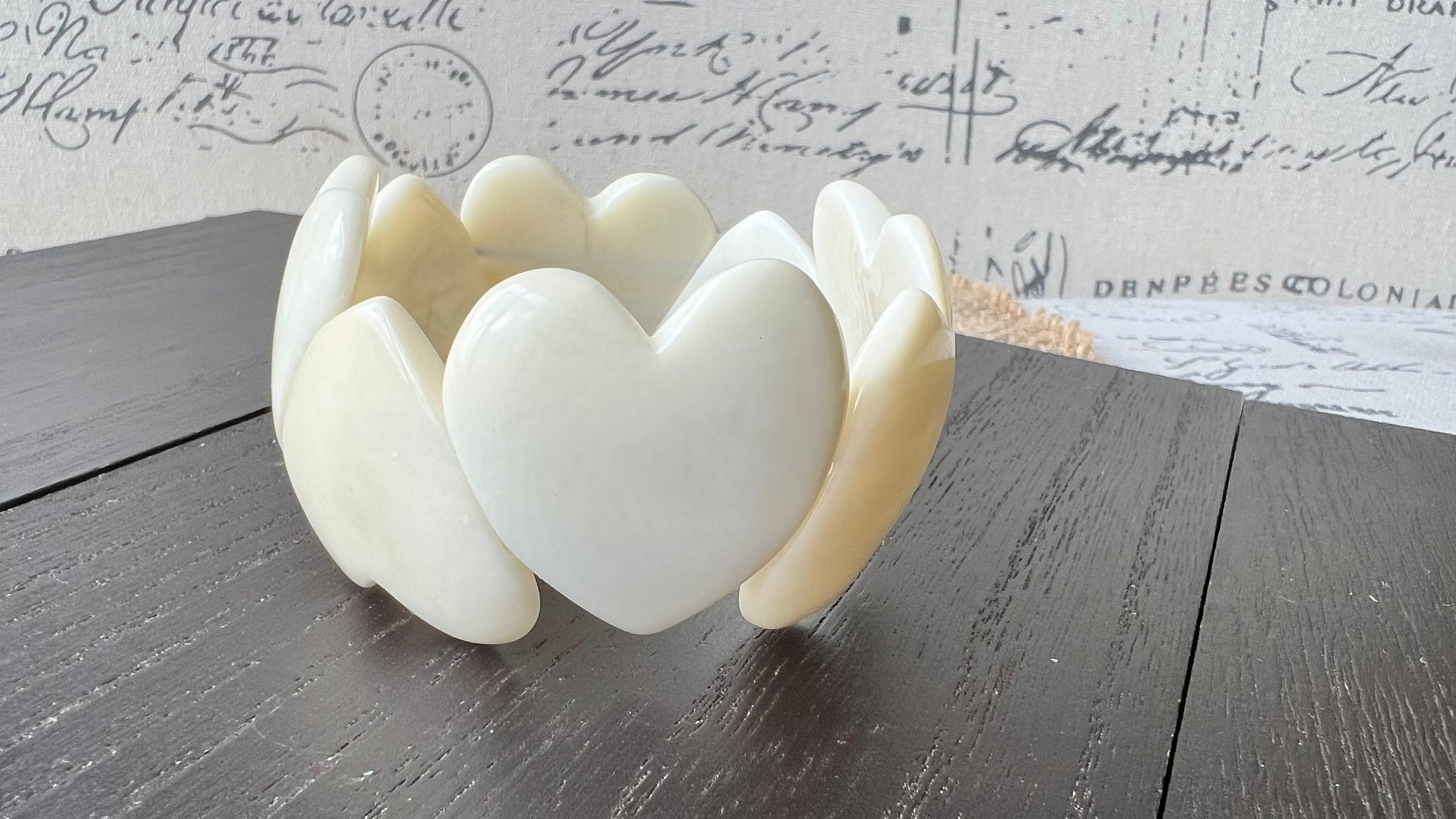 White heart shaped beads bracelet Wife 14 year wedding anniversary gifts Mother’s Day gifts Tagua jewelry Love bangle Fall fashion