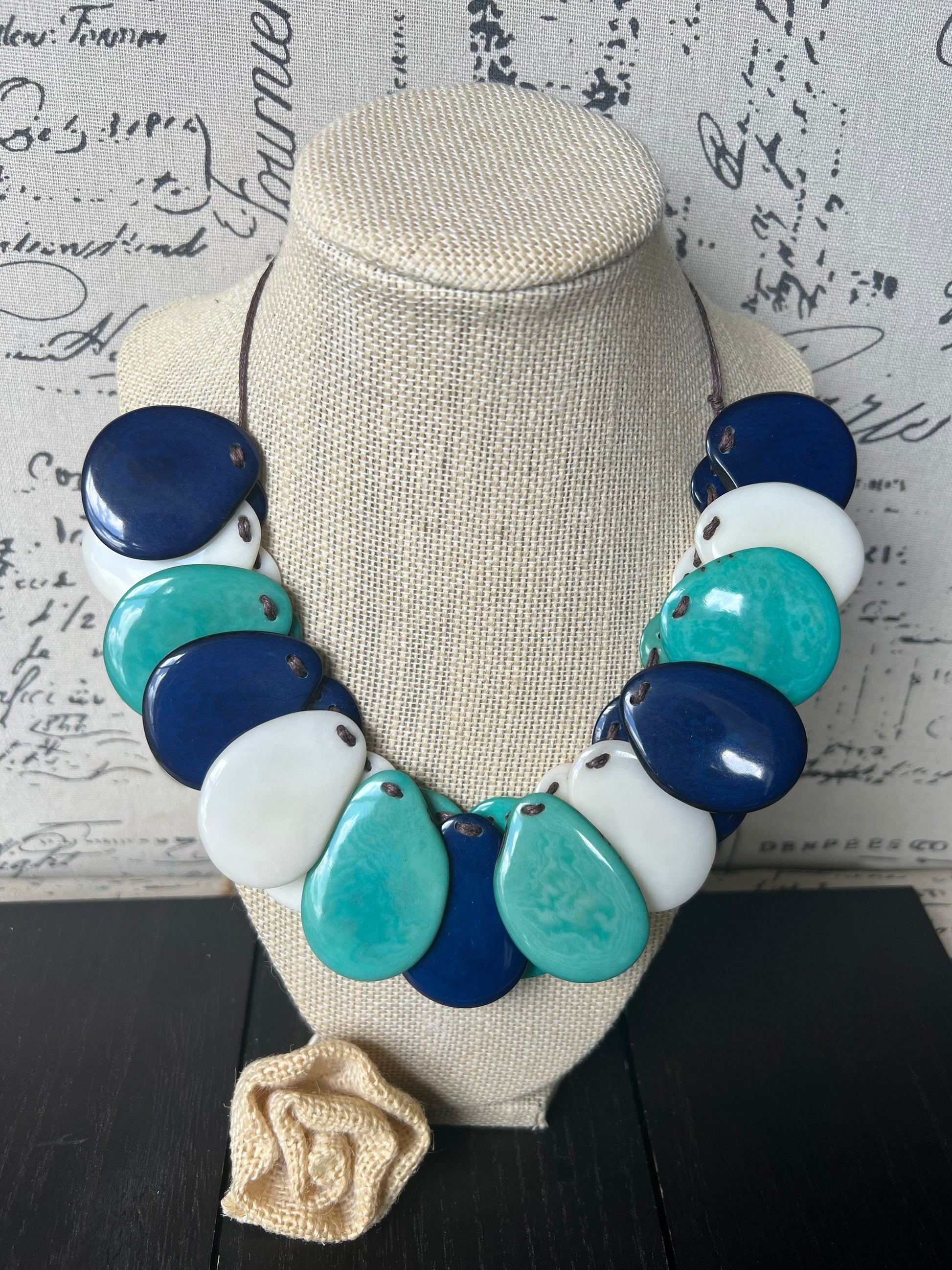 Turquoise Blue and White Tagua Statement Necklace: Adjustable Artsy Beaded Bib, Adjustable cord
