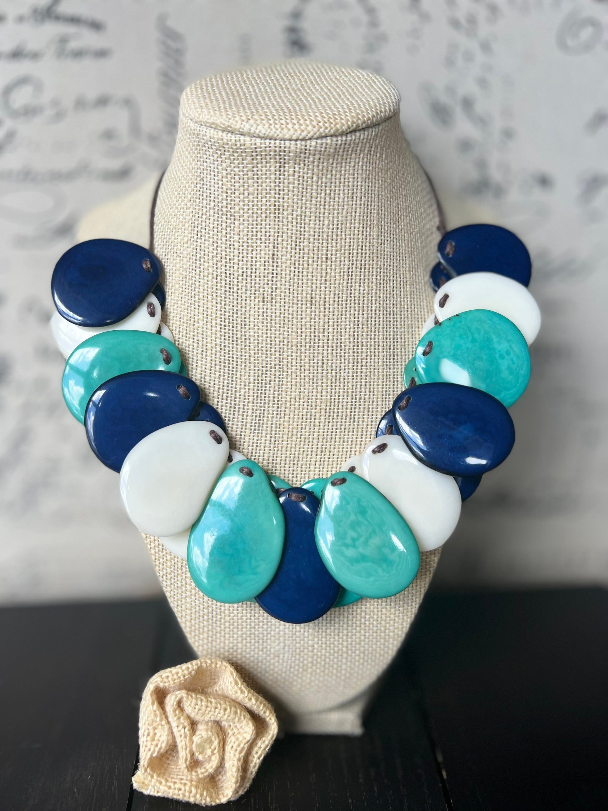 Turquoise Blue and White Tagua Statement Necklace: Adjustable Artsy Beaded Bib, Adjustable cord