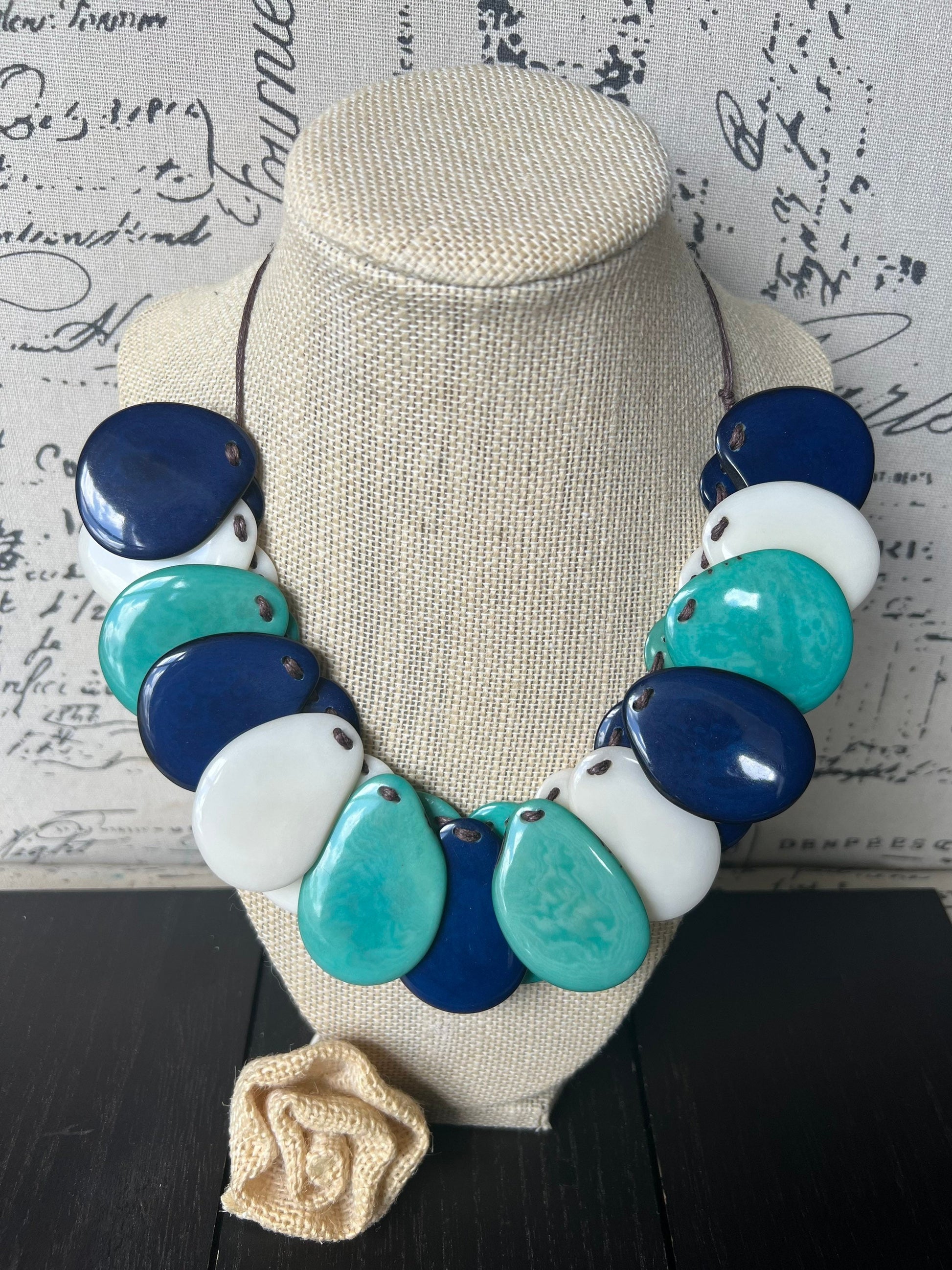 Turquoise Blue and White Tagua Statement Necklace: Adjustable Artsy Beaded Bib, Adjustable cord