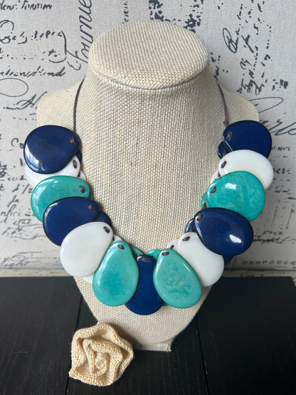 Turquoise Blue and White Tagua Statement Necklace: Adjustable Artsy Beaded Bib, Adjustable cord