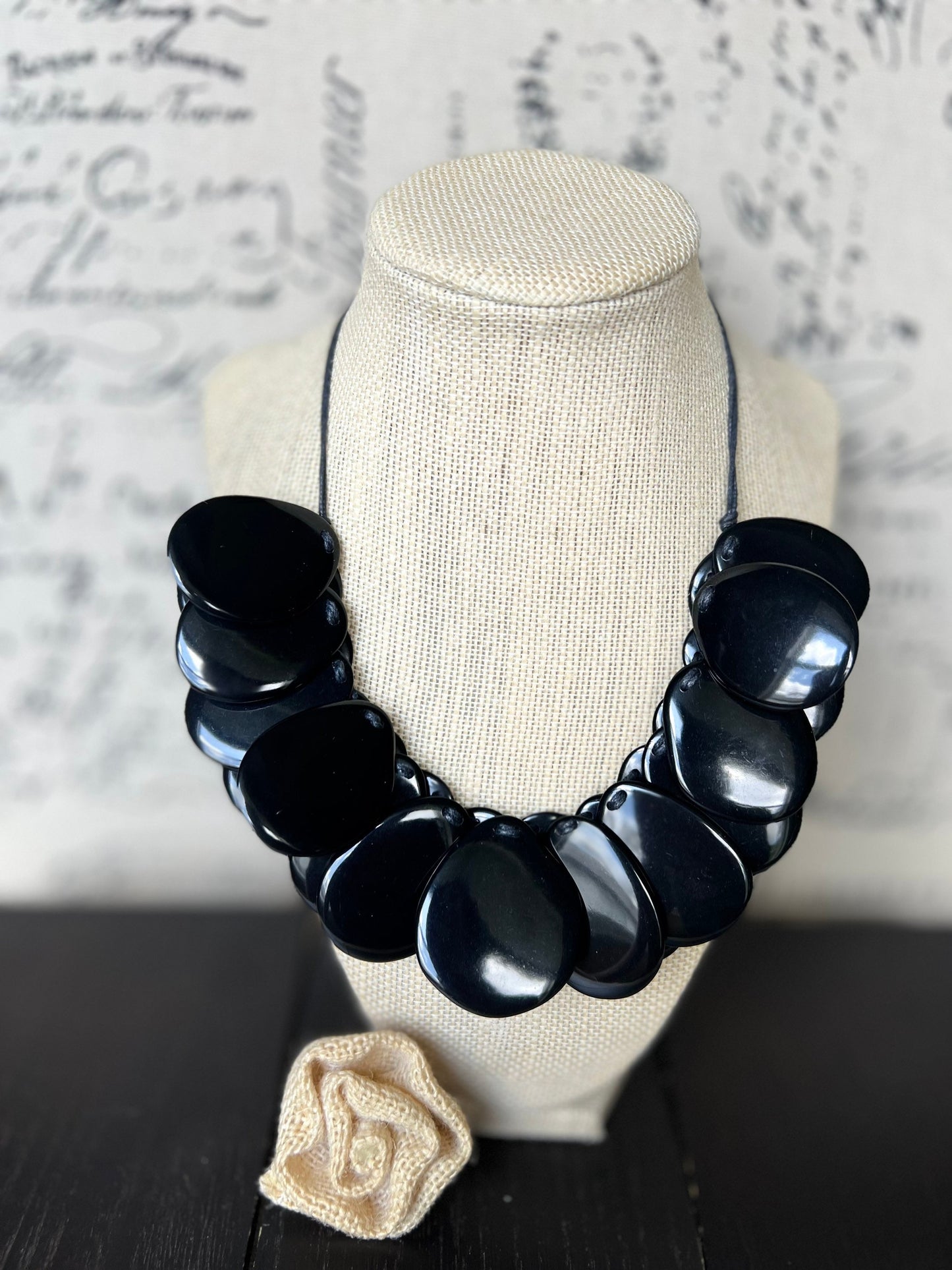 Black statement necklaceAdjustable cord Tagua necklace Mothers day gifts Wearable art Big bold necklace Art to wear Handmade beaded necklace