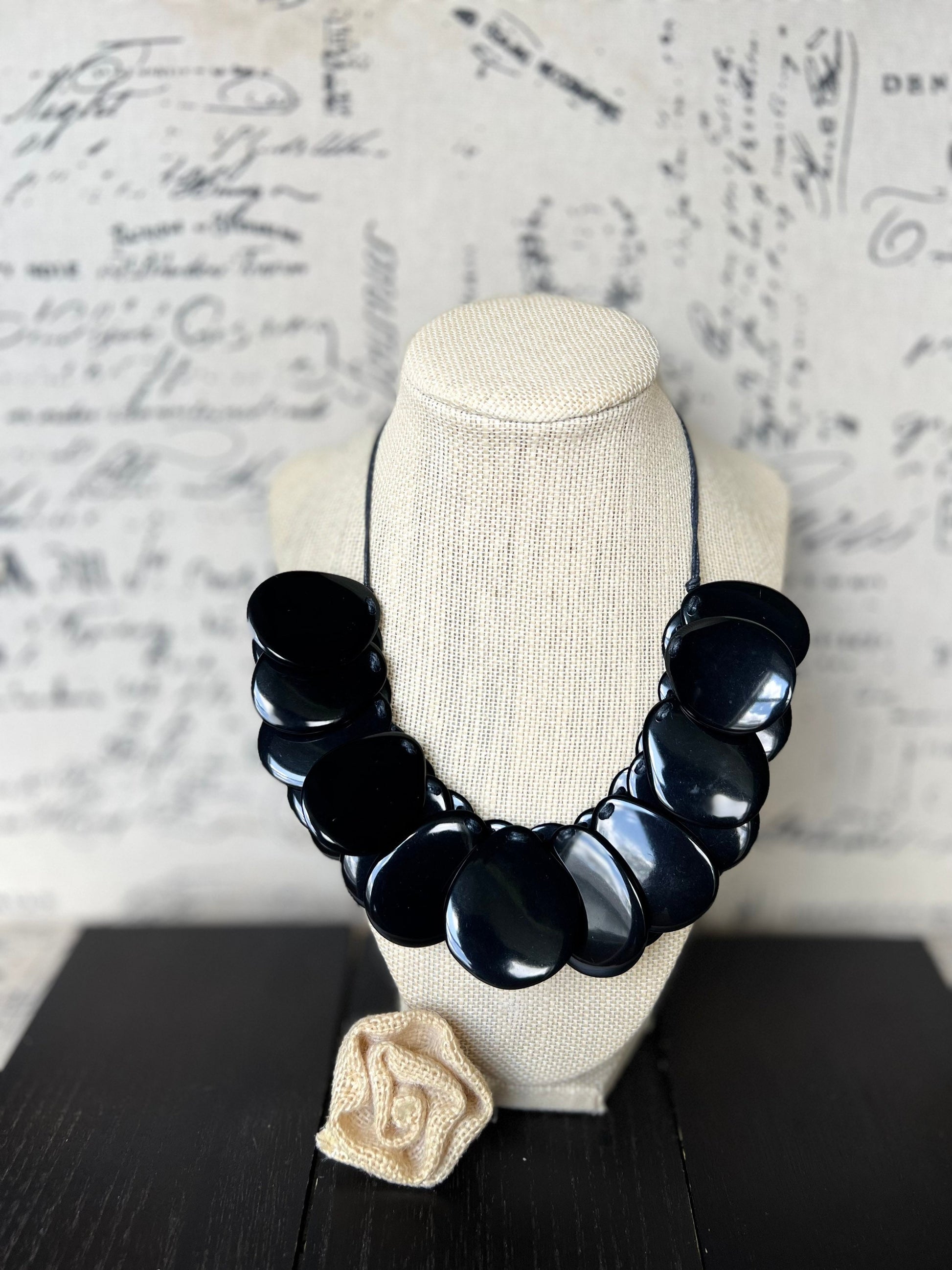 Black statement necklaceAdjustable cord Tagua necklace Mothers day gifts Wearable art Big bold necklace Art to wear Handmade beaded necklace