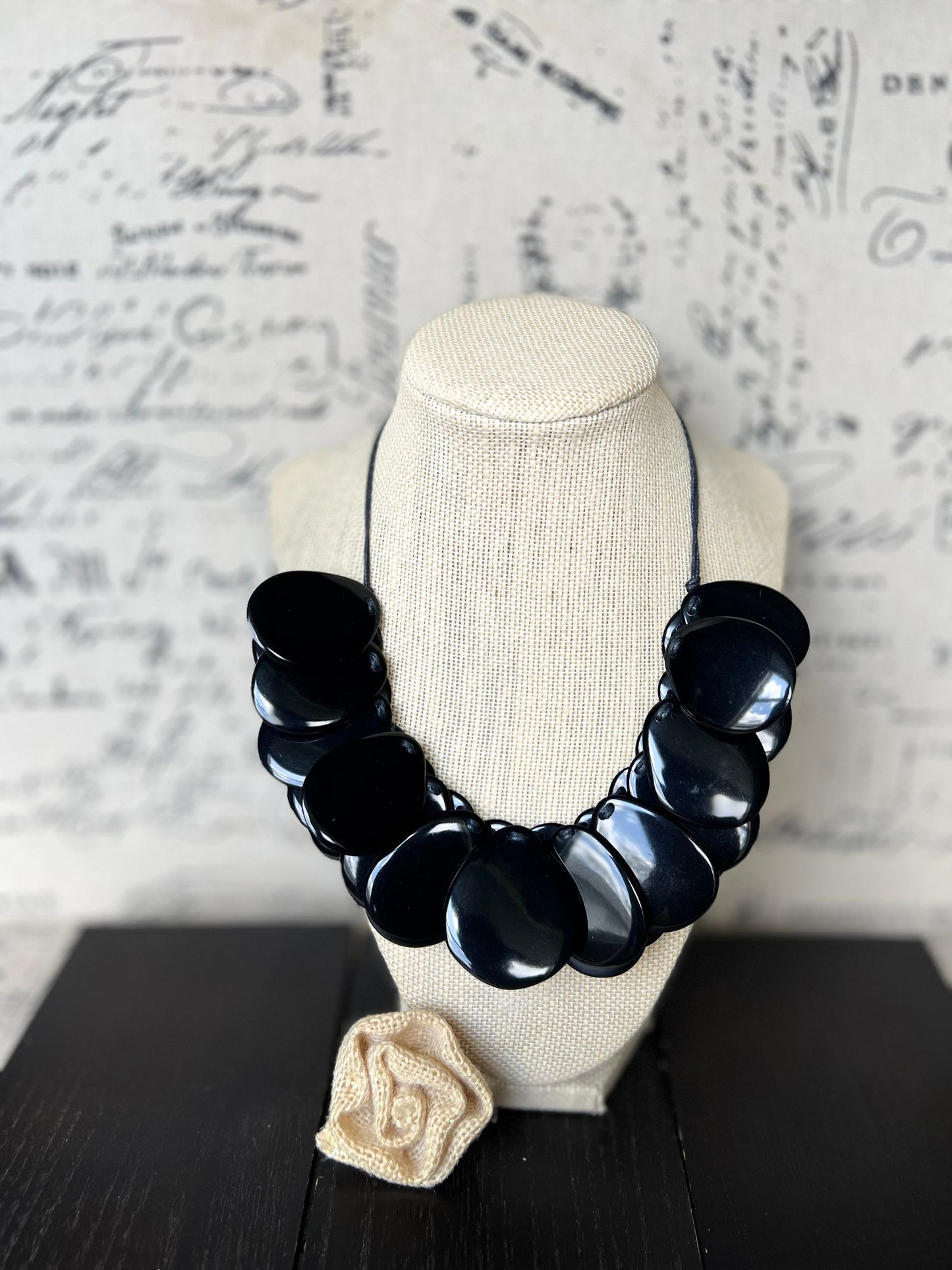 Black statement necklaceAdjustable cord Tagua necklace Mothers day gifts Wearable art Big bold necklace Art to wear Handmade beaded necklace