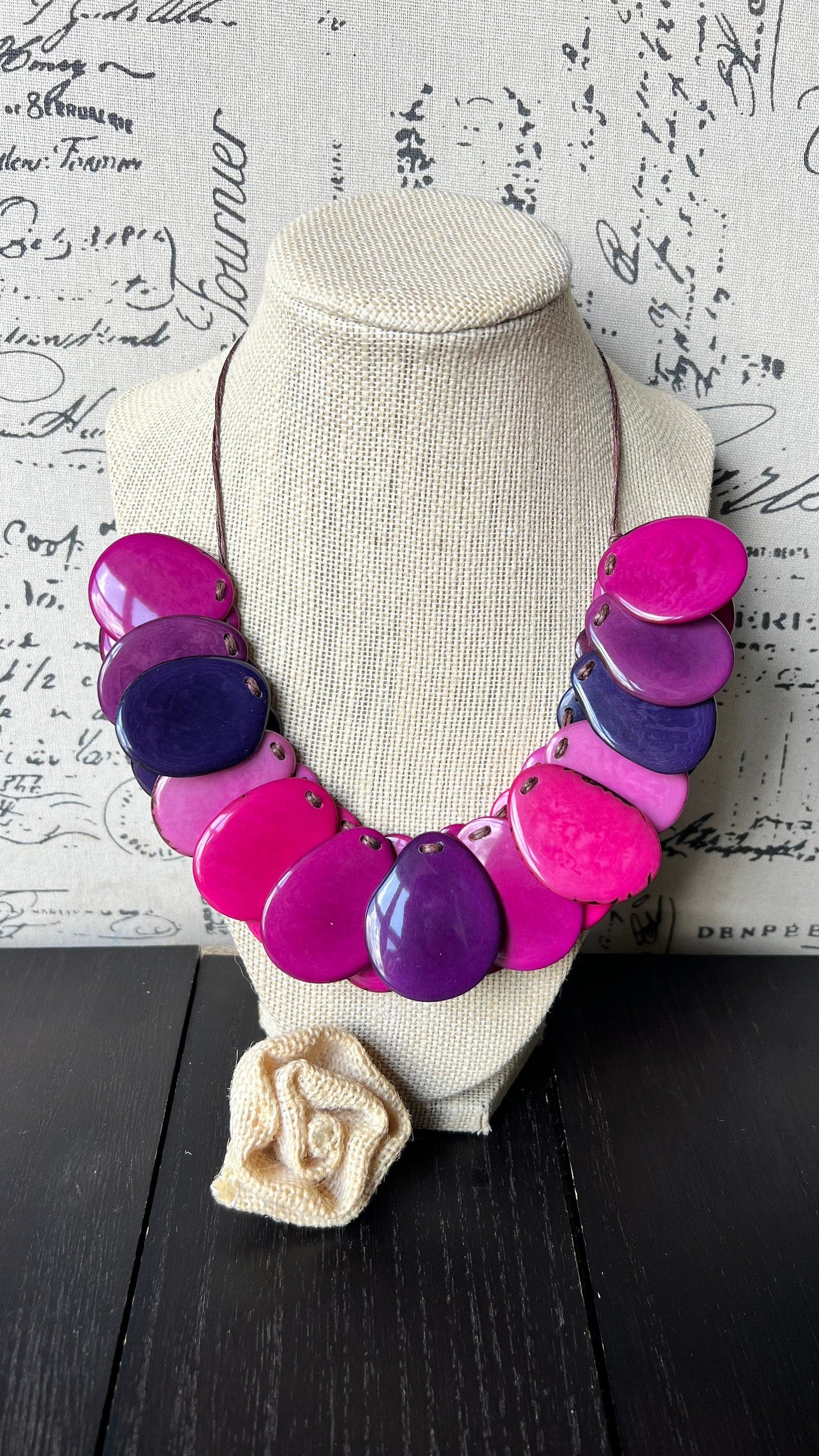 Pink and Purple statement necklace Adjustable cord Tagua jewelry Wearable art Mothers day gifts Art to wear Handmade beaded necklace