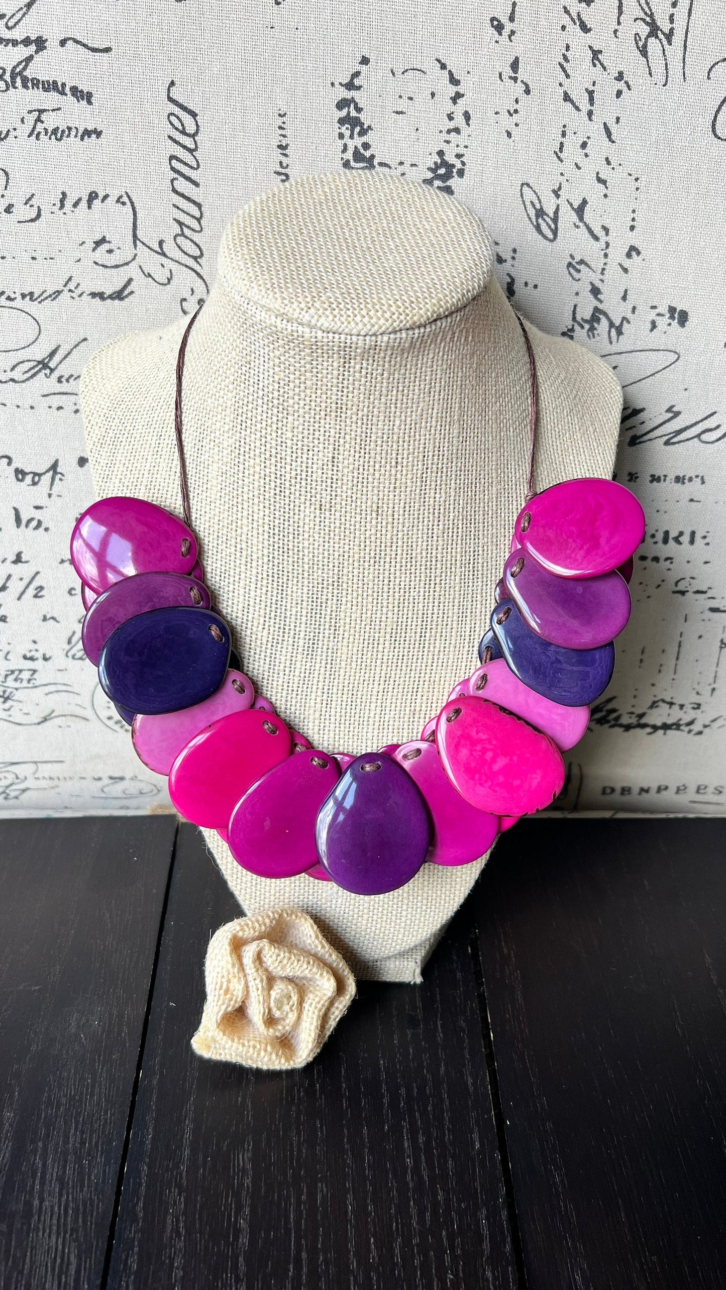 Pink and Purple statement necklace Adjustable cord Tagua jewelry Wearable art Fall fashion 2025s Art to wear Handmade beaded necklace