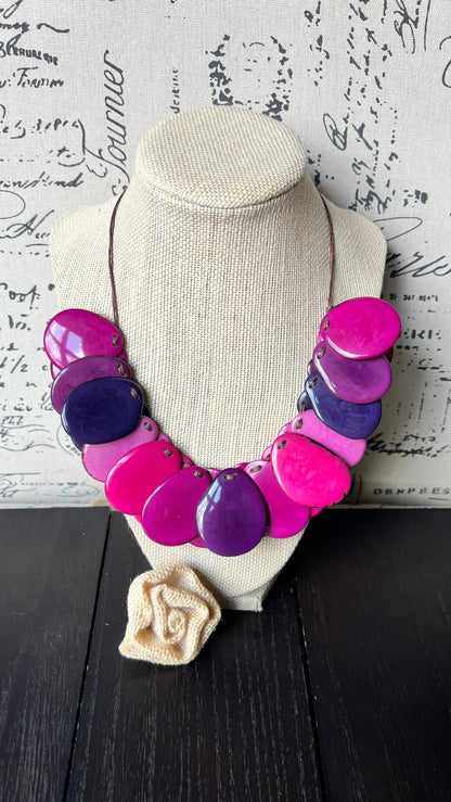 Pink and Purple statement necklace Adjustable cord Tagua jewelry Wearable art Fall fashion 2025s Art to wear Handmade beaded necklace