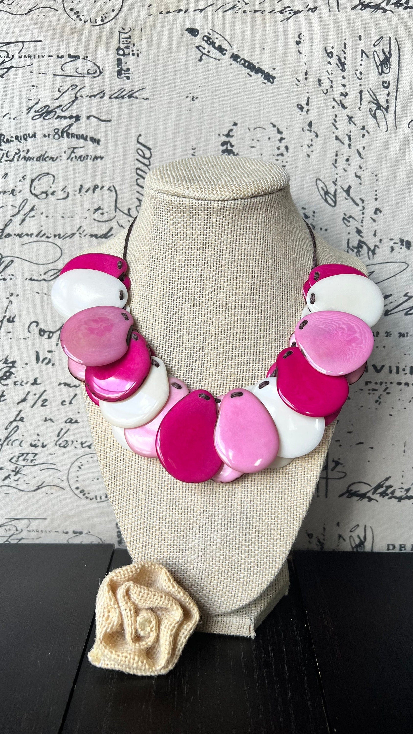 Pink and white statement necklace Adjustable cord Tagua jewelry Fall fashion 2025s Statement jewelry Boho handmade Fall fashion trends