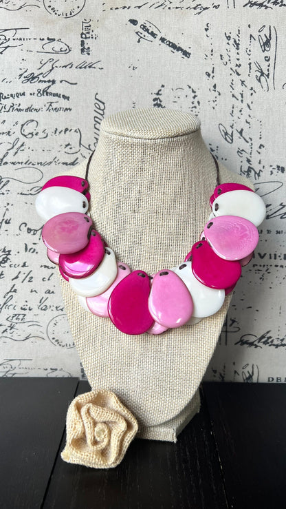 Pink and white statement necklace Adjustable cord Tagua jewelry Fall fashion 2025s Statement jewelry Boho handmade Fall fashion trends