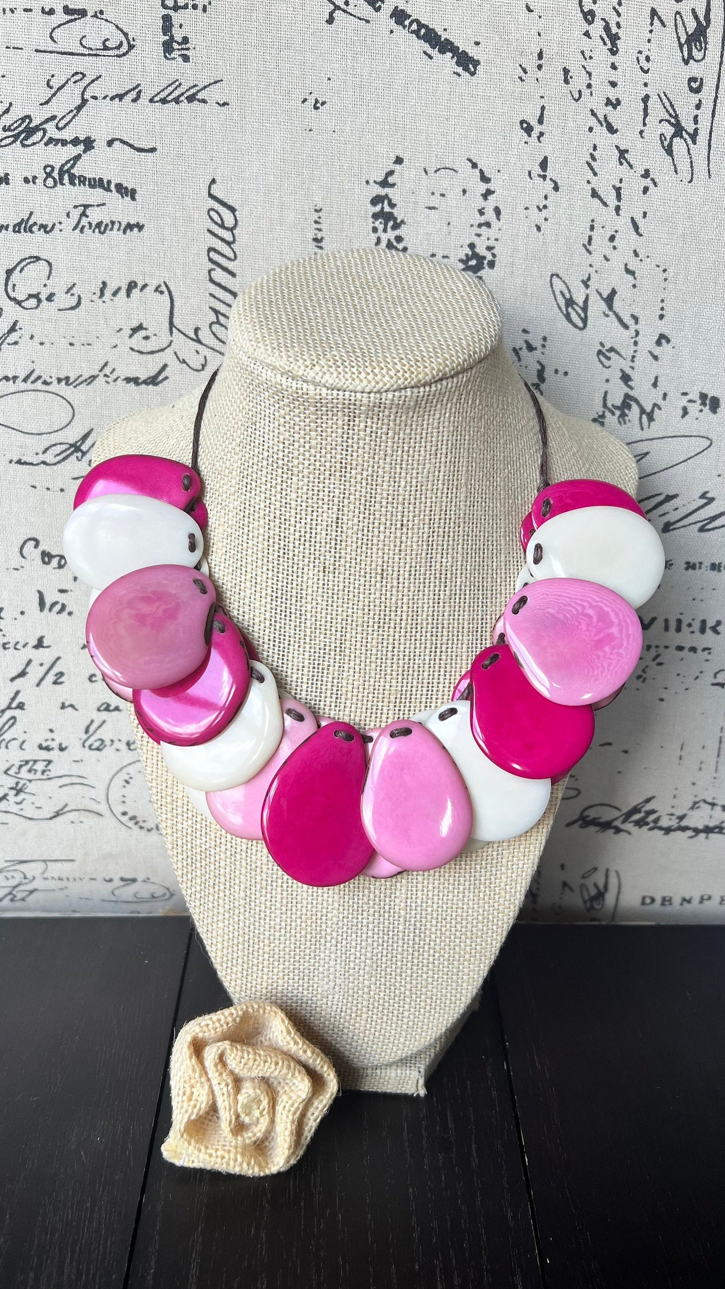 Pink and white statement necklace Adjustable cord Tagua jewelry Fall fashion 2025s Statement jewelry Boho handmade Fall fashion trends