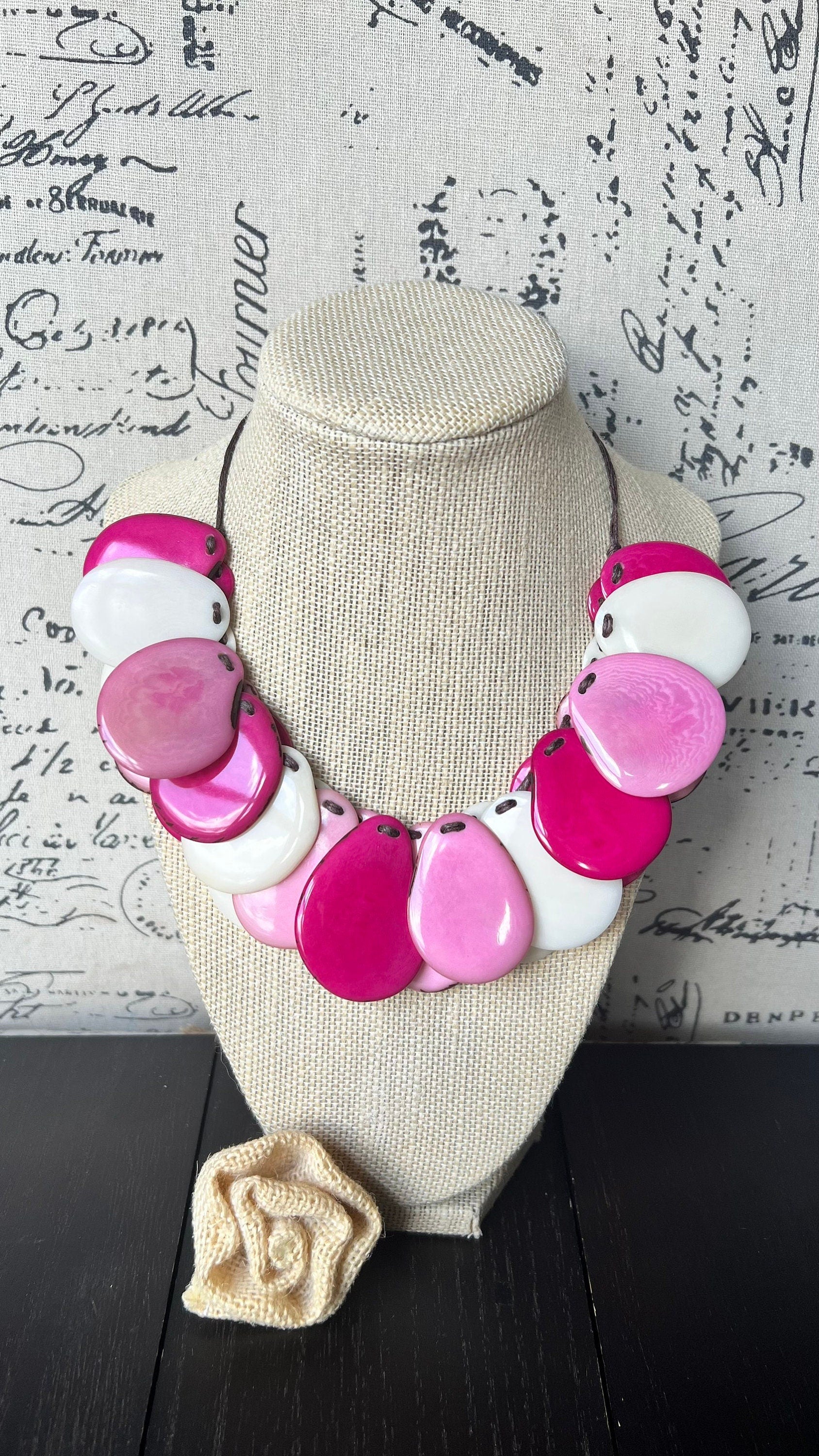 Pink and white statement necklace Adjustable cord Tagua jewelry Fall fashion 2025s Statement jewelry Boho handmade Fall fashion trends