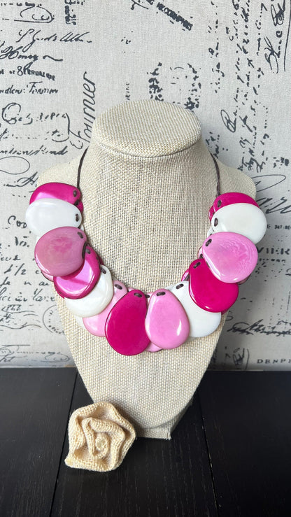 Pink and white statement necklace Adjustable cord Tagua jewelry Fall fashion 2025s Statement jewelry Boho handmade Fall fashion trends