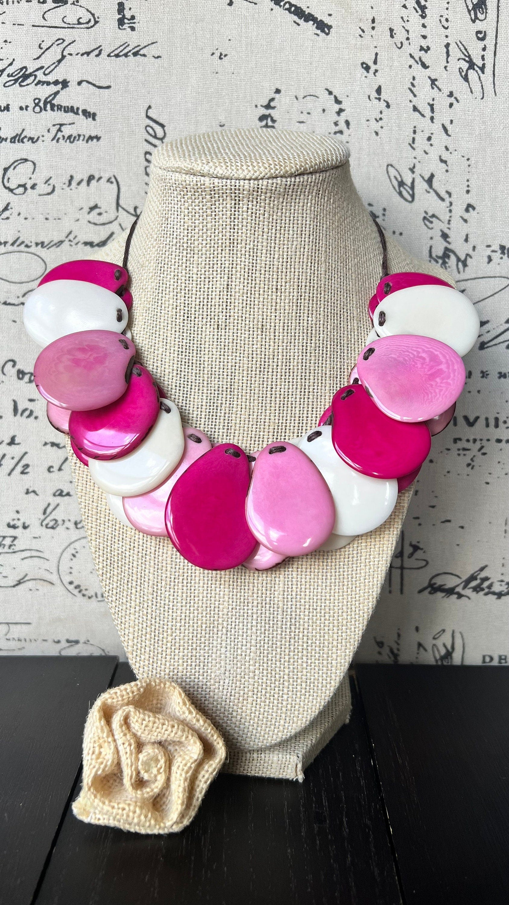 Pink and white statement necklace Adjustable cord Tagua jewelry Fall fashion 2025s Statement jewelry Boho handmade Fall fashion trends