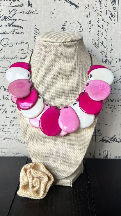 Pink and white statement necklace Adjustable cord Tagua jewelry Fall fashion 2025s Statement jewelry Boho handmade Fall fashion trends