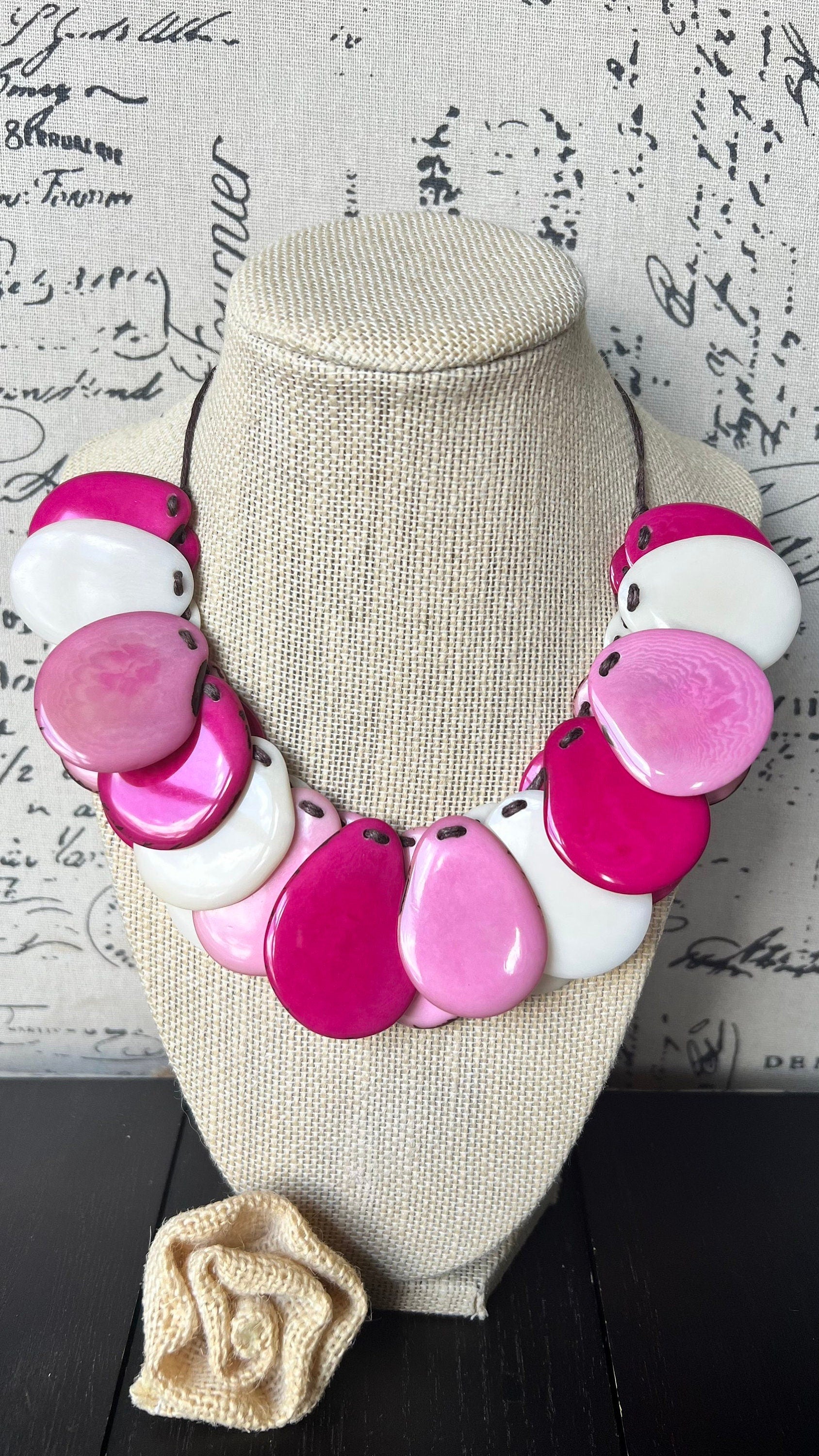 Pink and white statement necklace Adjustable cord Tagua jewelry Fall fashion 2025s Statement jewelry Boho handmade Fall fashion trends