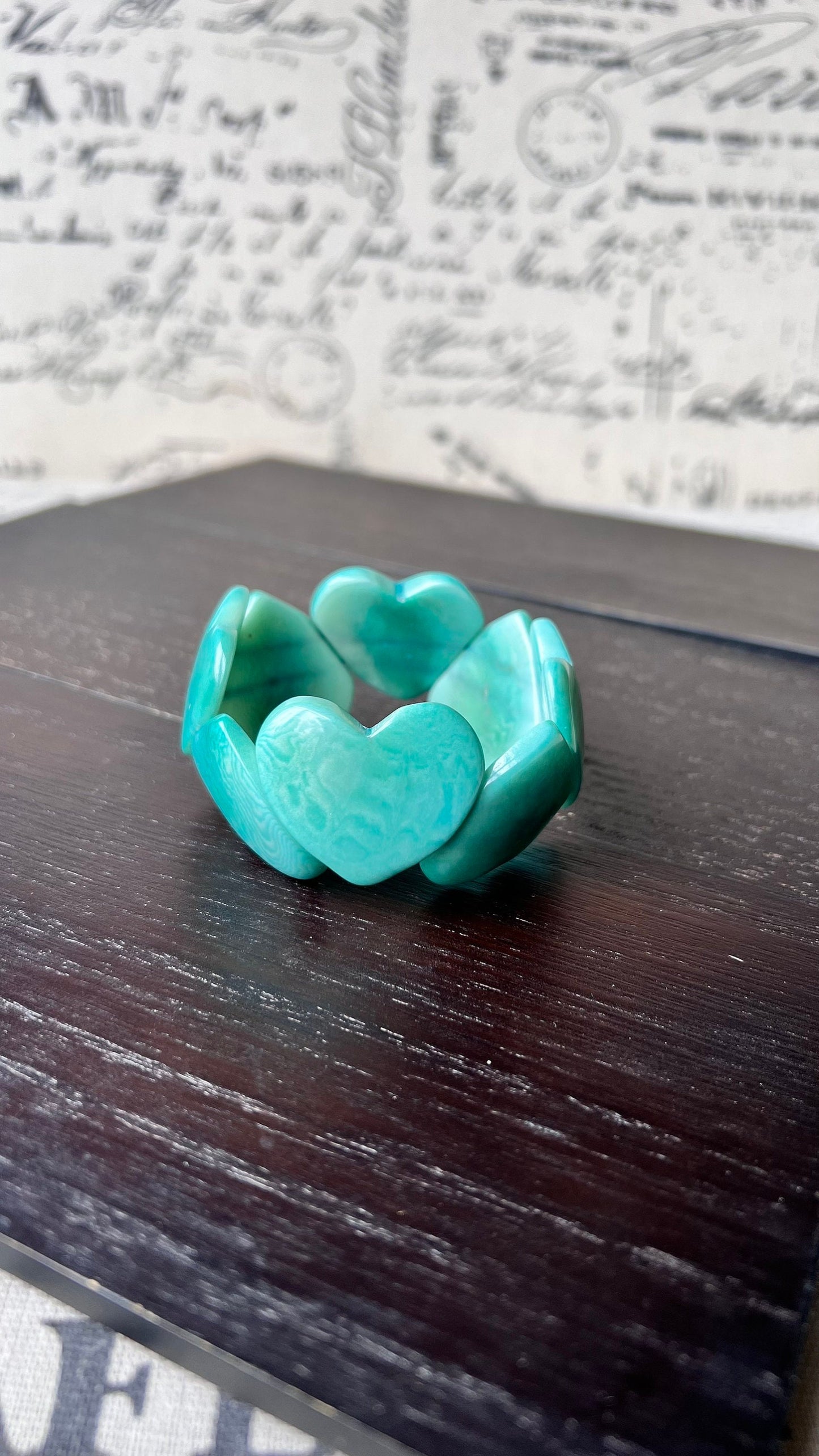 Turquoise green heart shaped bracelet Tagua jewelry Statement beaded bangle Fall fashion 2025 Wearable art Handmade beaded elastic bangle