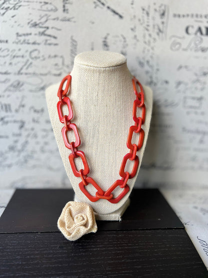 Burnt orange chunky chain link necklace Tagua jewelry Oversized beaded collar Geometric statement necklace Fall fashion trends Beach style
