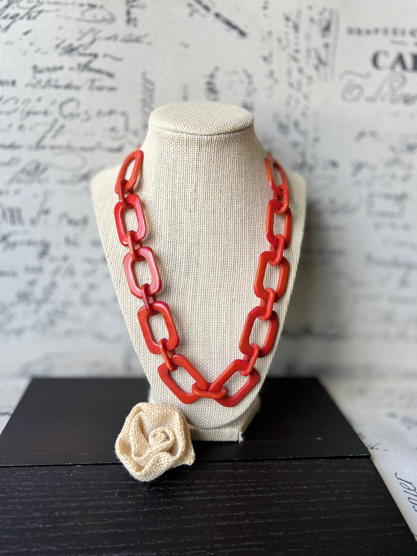 Burnt orange chunky chain link necklace Tagua jewelry Oversized beaded collar Geometric statement necklace Fall fashion trends Beach style
