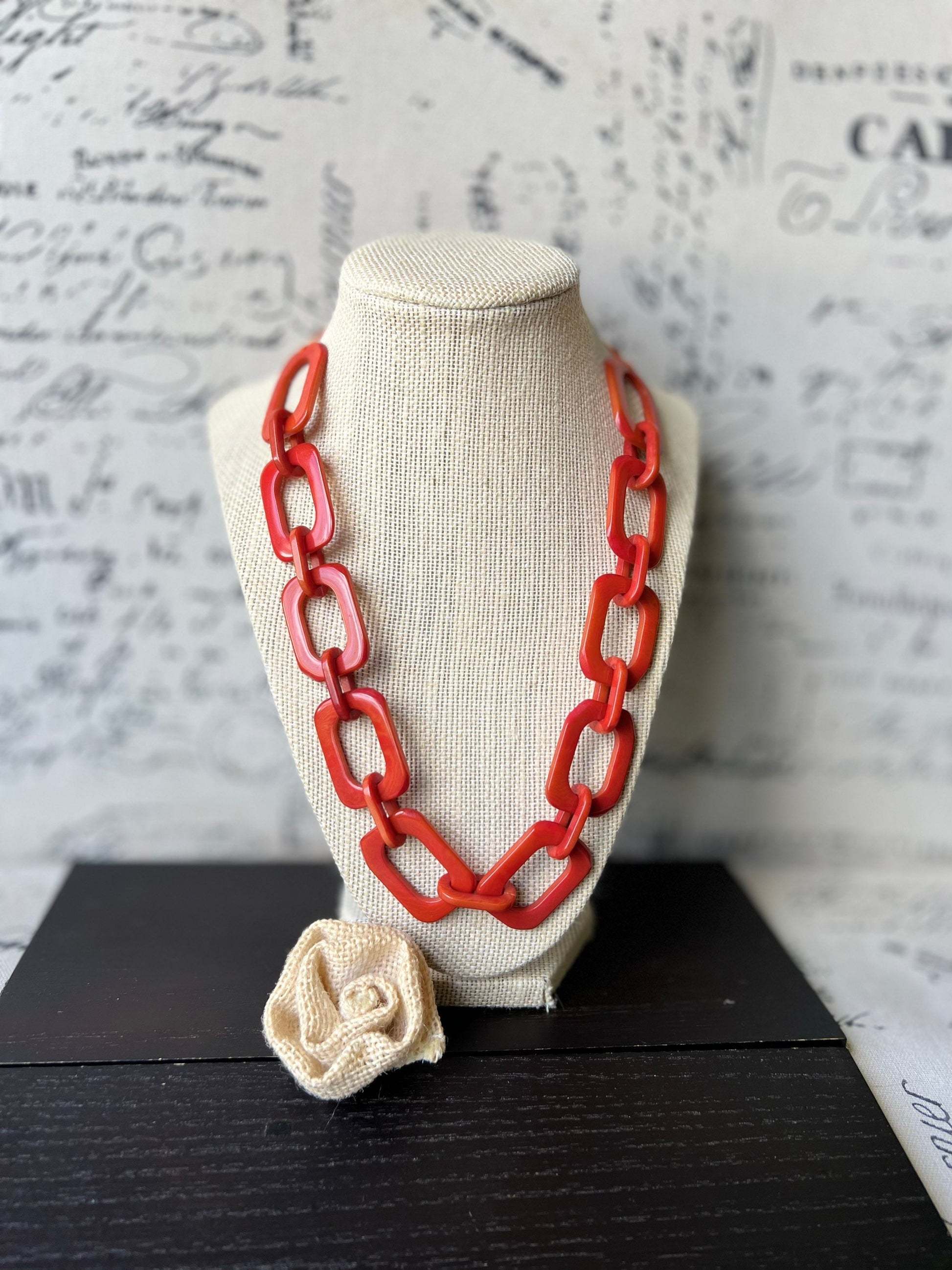 Burnt orange chunky chain link necklace Tagua jewelry Oversized beaded collar Geometric statement necklace Fall fashion trends Beach style