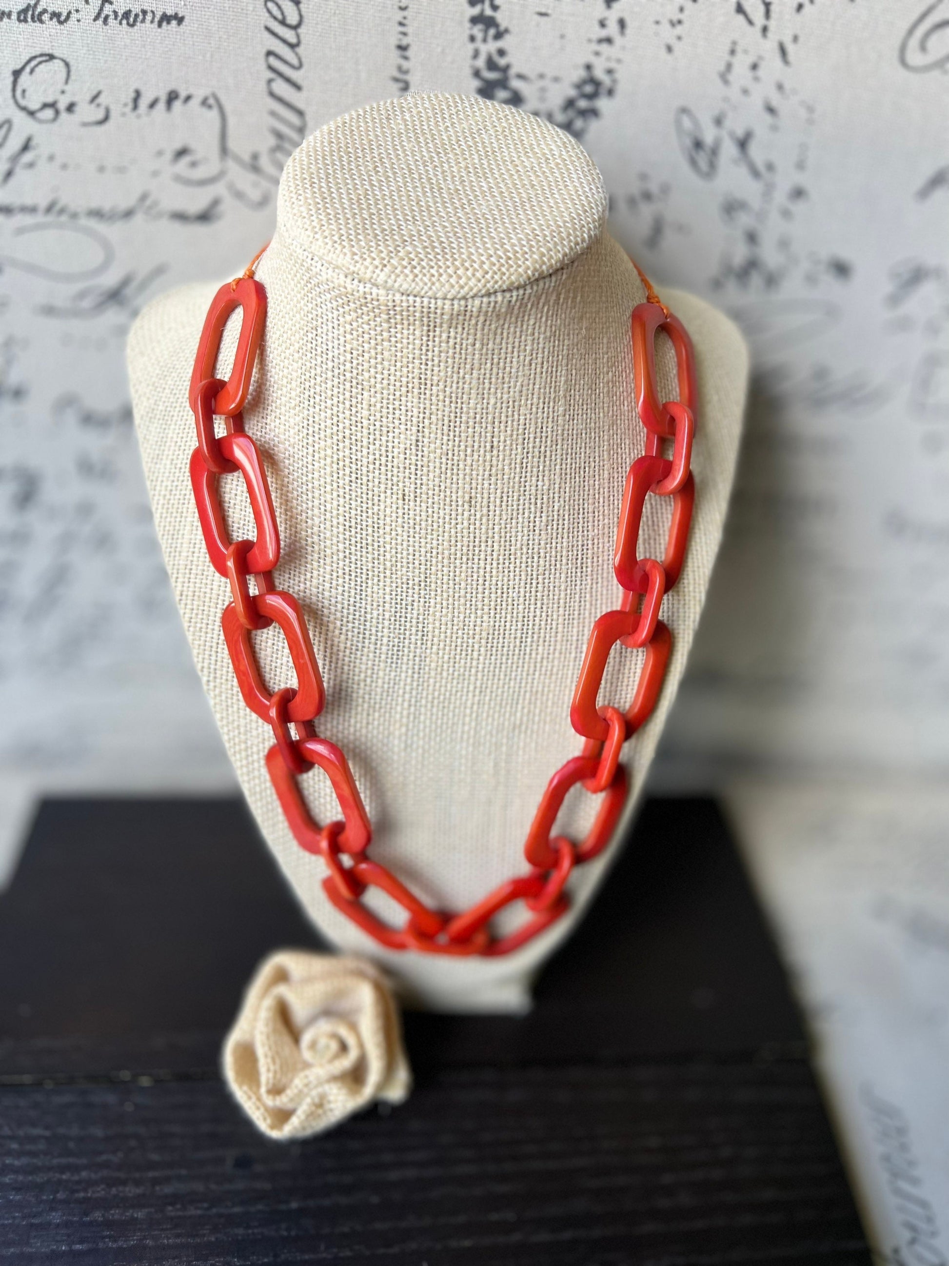 Burnt orange chunky chain link necklace Tagua jewelry Oversized beaded collar Geometric statement necklace Fall fashion trends Beach style
