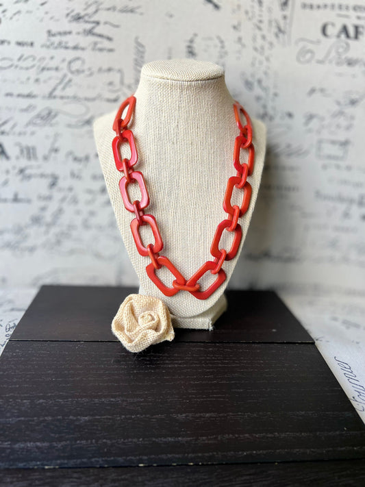 Burnt orange chunky chain link necklace Tagua jewelry Oversized beaded collar Geometric statement necklace Fall fashion trends Beach style