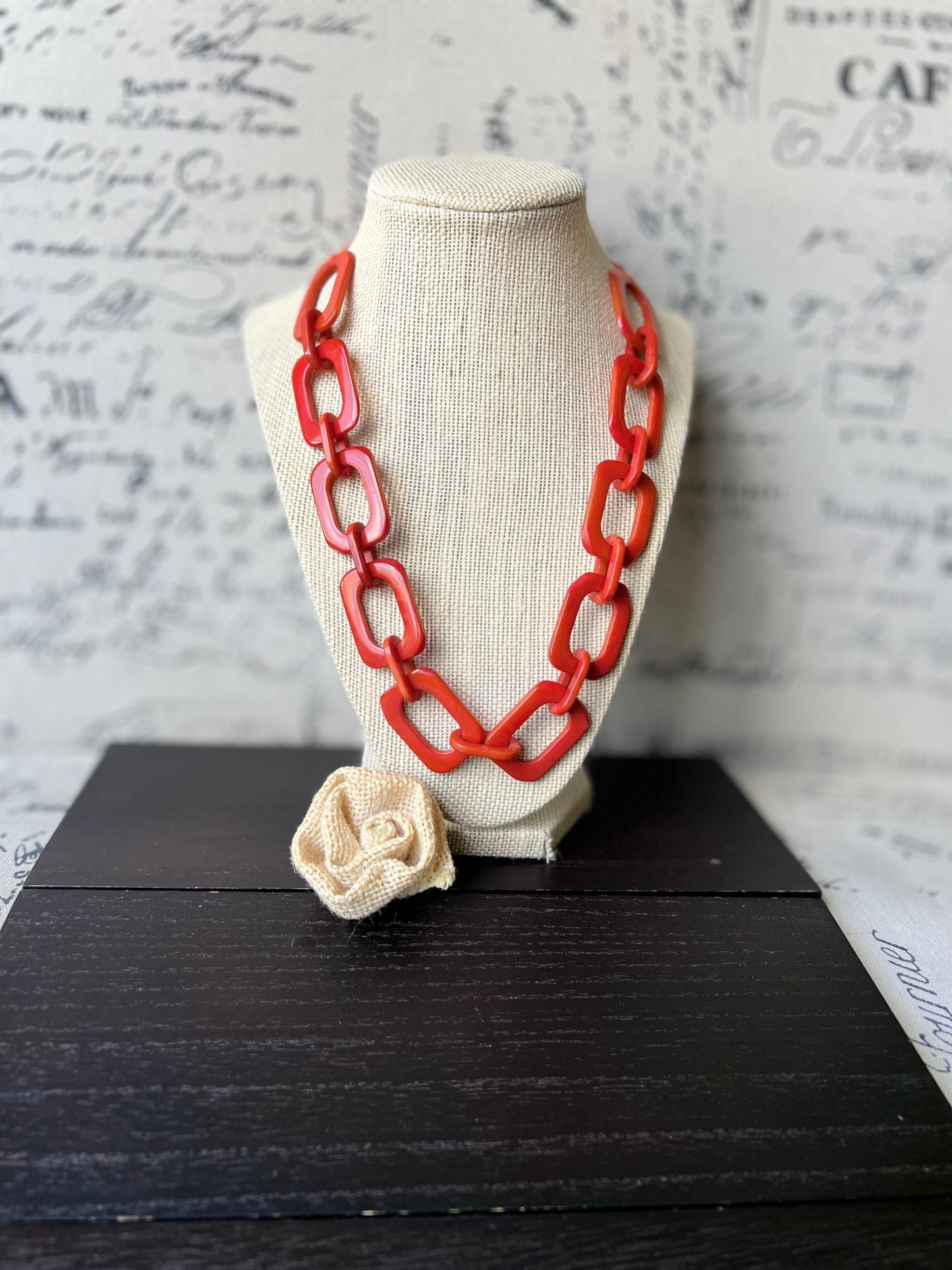 Burnt orange chunky chain link necklace Tagua jewelry Oversized beaded collar Geometric statement necklace Fall fashion trends Beach style