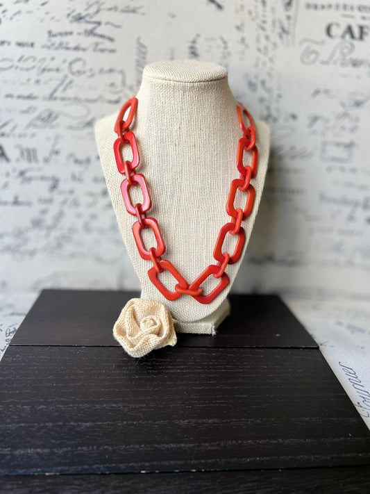 Burnt orange chunky chain link necklace Tagua jewelry Oversized beaded collar Geometric statement necklace Fall fashion trends Beach style