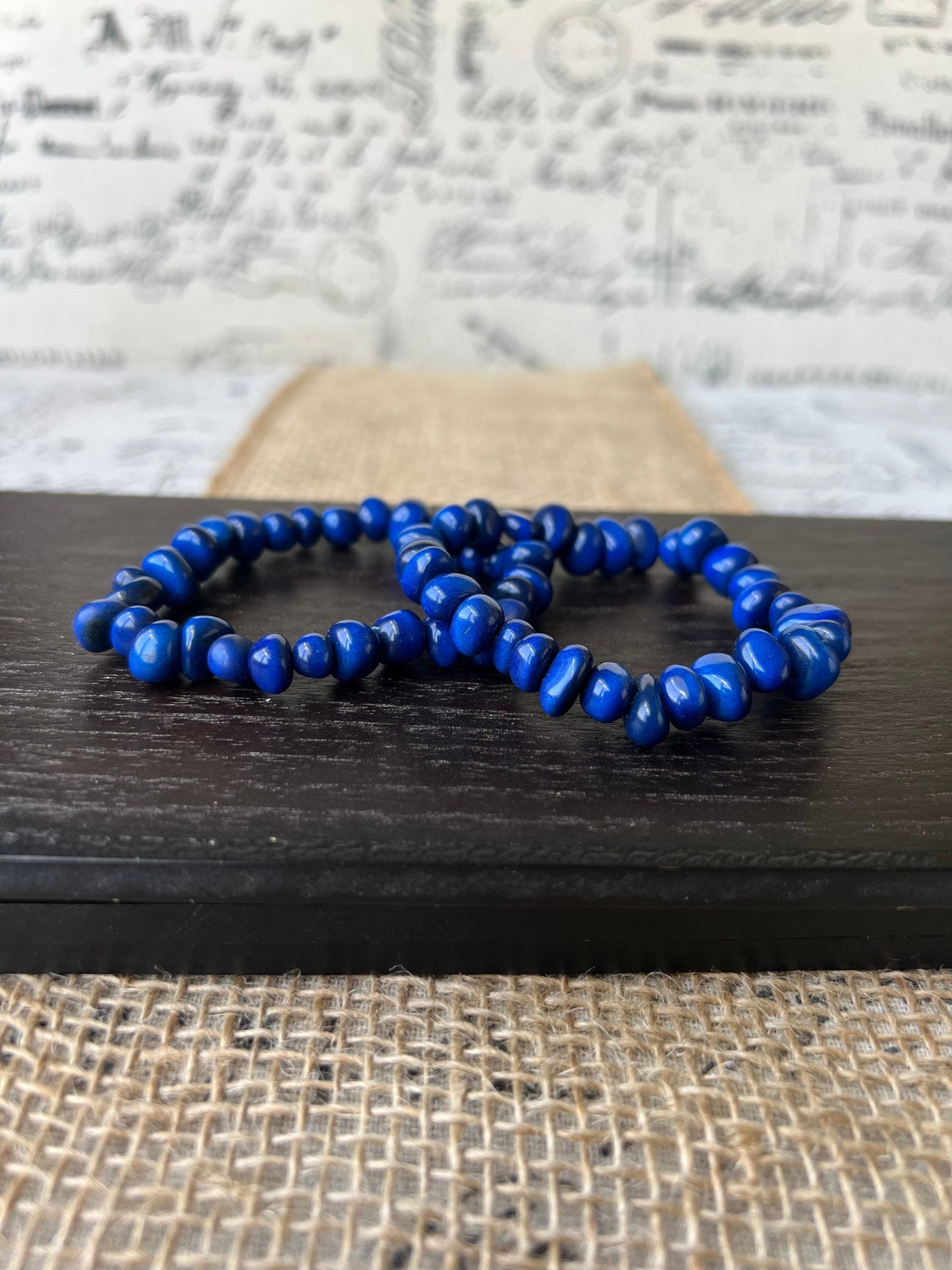Blue stackable bracelet Tagua nut jewelry Resort wear Beaded stretch bracelets for women girl Birthday gifts ideas for her Elastic bangle