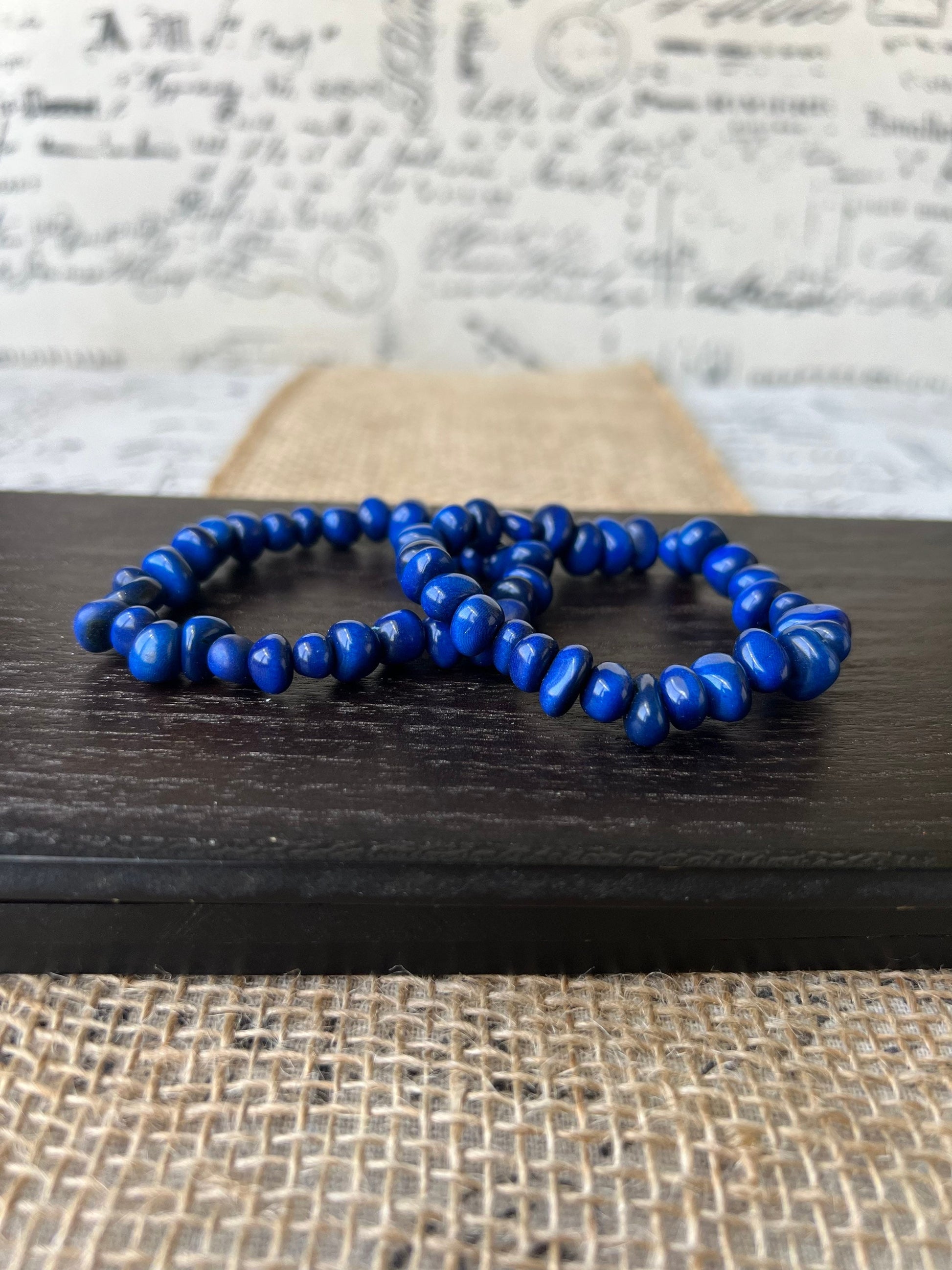 Blue stackable bracelet Tagua nut jewelry Resort wear Beaded stretch bracelets for women girl Birthday gifts ideas for her Elastic bangle
