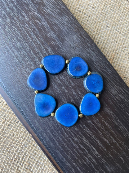 Blue fashion bracelet Tagua jewelry Fall fashion trends Beaded stretch bracelets for women Statement bangle Geometric beads Wearable art