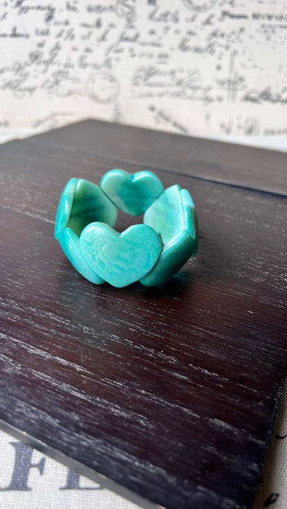 Turquoise green heart shaped bracelet Tagua jewelry Statement beaded bangle Fall fashion 2025 Wearable art Handmade beaded elastic bangle