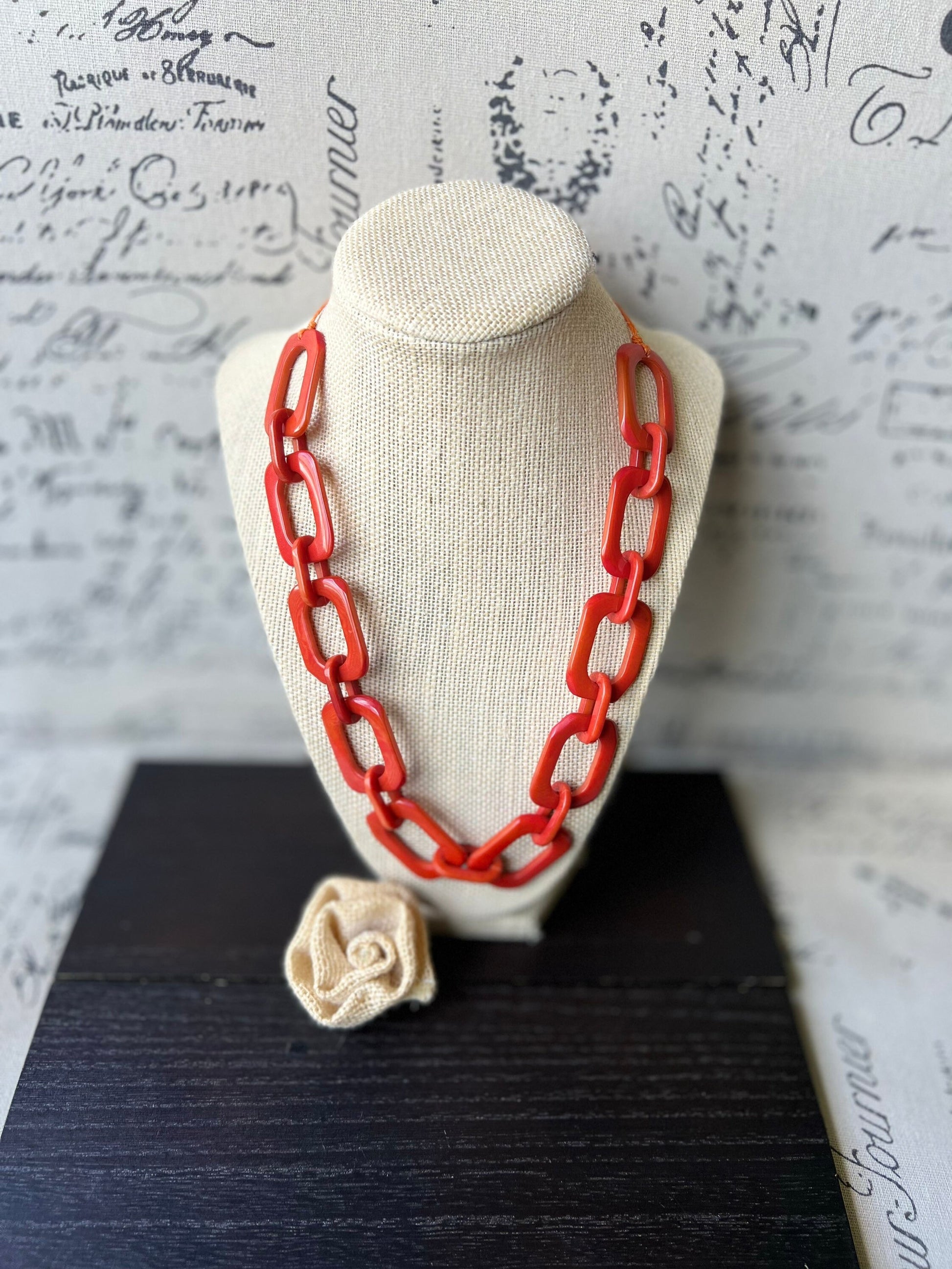 Burnt orange chunky chain link necklace Tagua jewelry Oversized beaded collar Geometric statement necklace Fall fashion trends Beach style