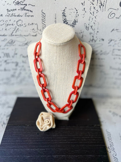 Burnt orange chunky chain link necklace Tagua jewelry Oversized beaded collar Geometric statement necklace Fall fashion trends Beach style