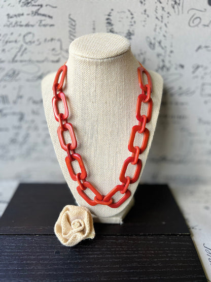Burnt orange chunky chain link necklace Tagua jewelry Oversized beaded collar Geometric statement necklace Fall fashion trends Beach style
