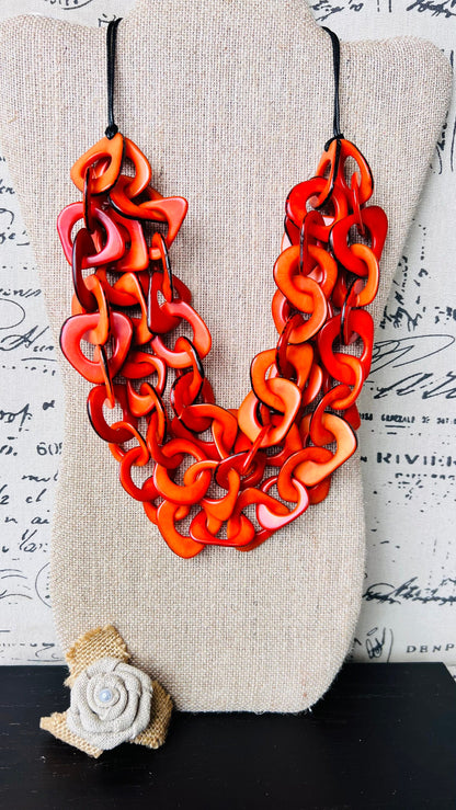 Orange statement necklace Tagua nut jewelry Adjustable collar Big bold chunky necklaces Holiday fashion 2024 Wearable art Christmas gifts
