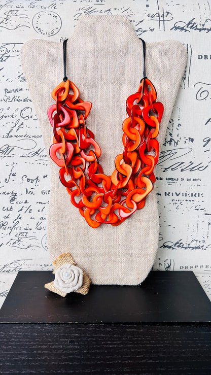 Orange statement necklace Tagua nut jewelry Adjustable collar Big bold chunky necklaces Holiday fashion 2024 Wearable art Christmas gifts