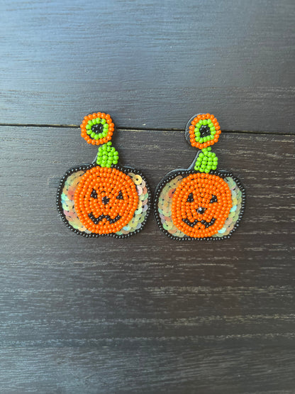 Pumpkin earrings Halloween jewelry for women Seed bead earrings for costumes and parties Fall fashion trend Orange statement handmade dangle