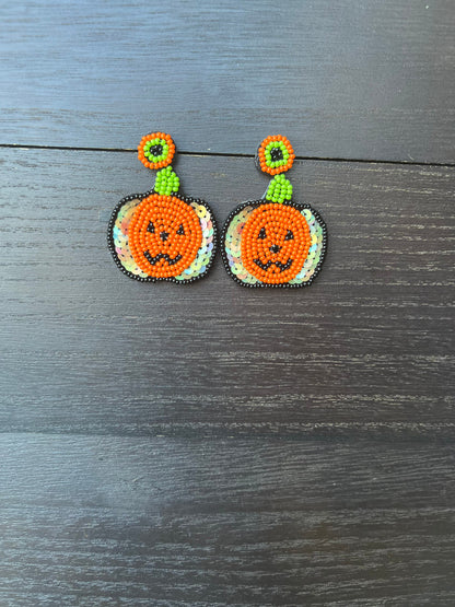 Pumpkin earrings Halloween jewelry for women Seed bead earrings for costumes and parties Fall fashion trend Orange statement handmade dangle