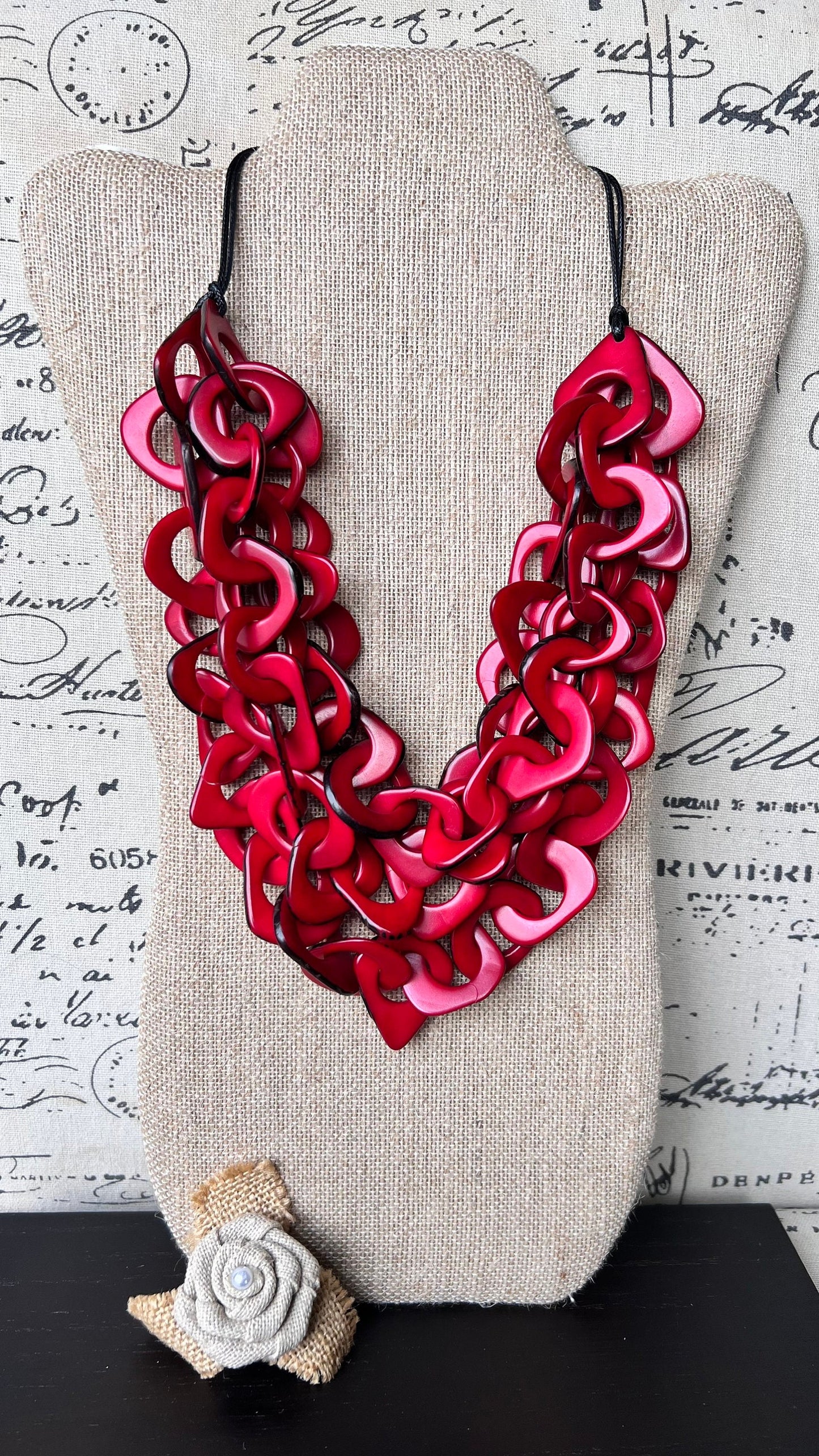 Red statement necklace Tagua jewelry Chunky funky necklaces Waterfall necklace Wearable art Multi layer necklace Chain link necklace