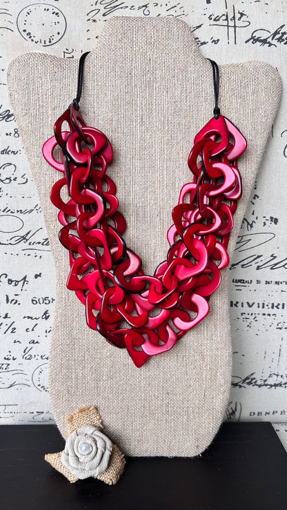 Red statement necklace Tagua jewelry Chunky funky necklaces Waterfall necklace Wearable art Multi layer necklace Chain link necklace