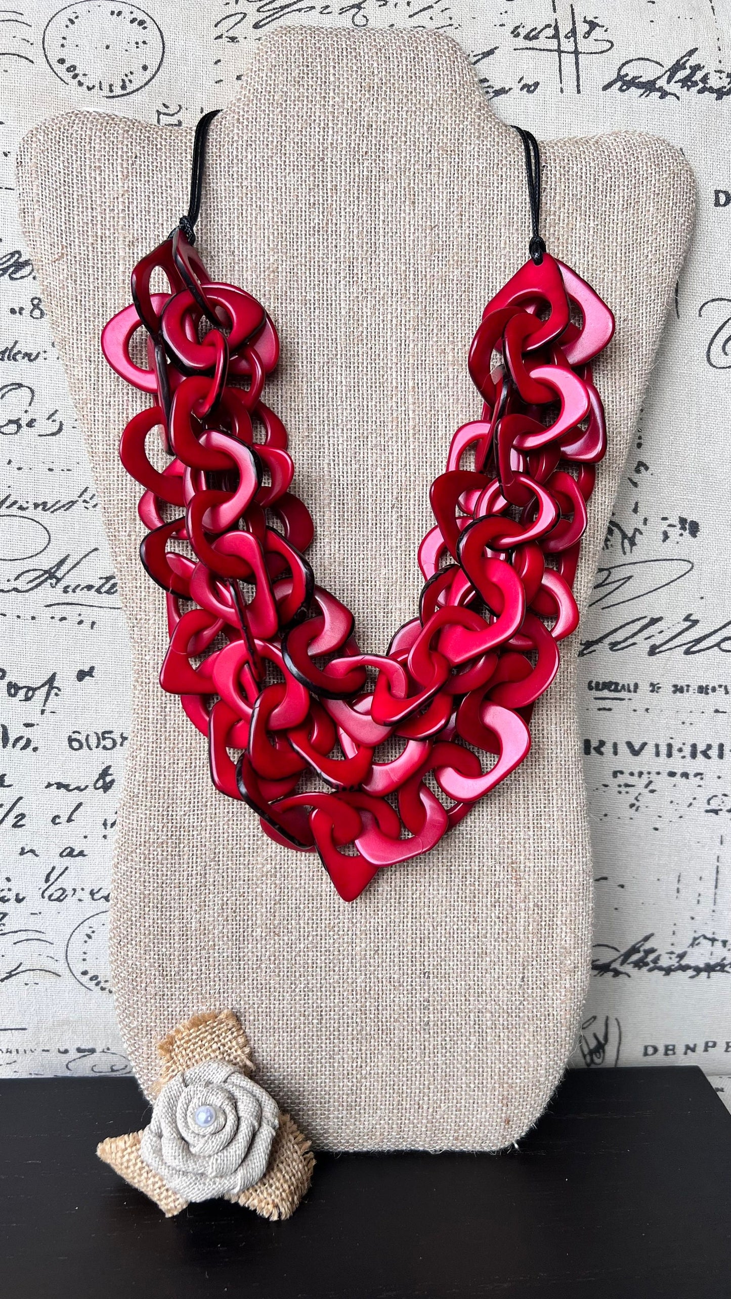 Red statement necklace Tagua jewelry Chunky funky necklaces Waterfall necklace Wearable art Multi layer necklace Chain link necklace